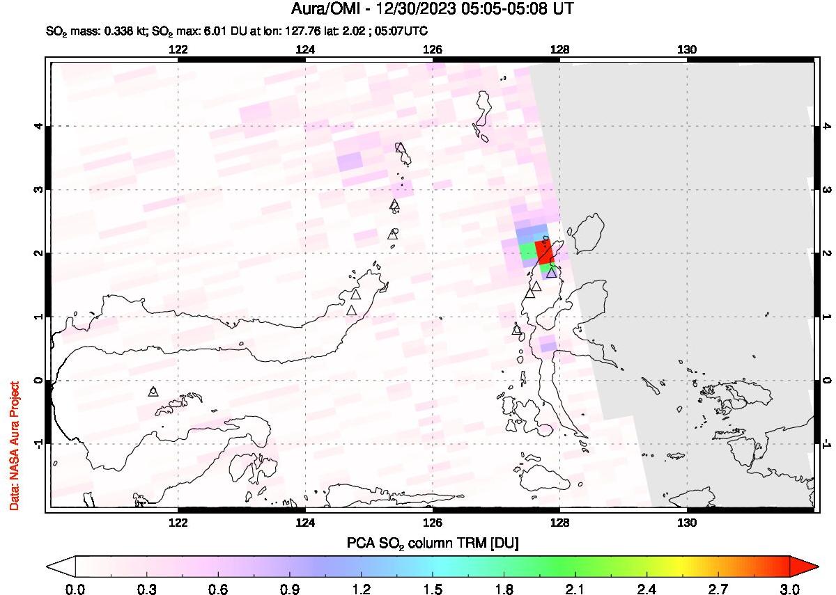 A sulfur dioxide image over Northern Sulawesi & Halmahera, Indonesia on Dec 30, 2023.