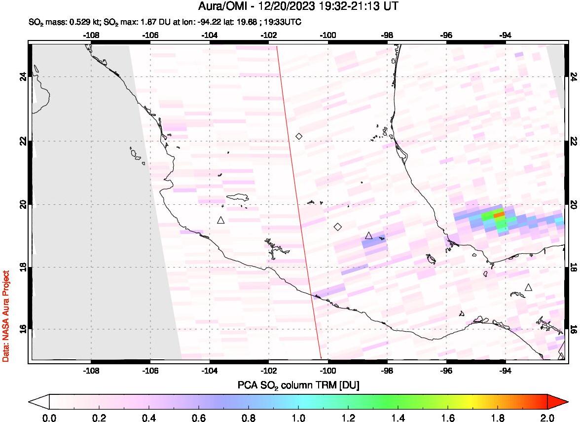 A sulfur dioxide image over Mexico on Dec 20, 2023.