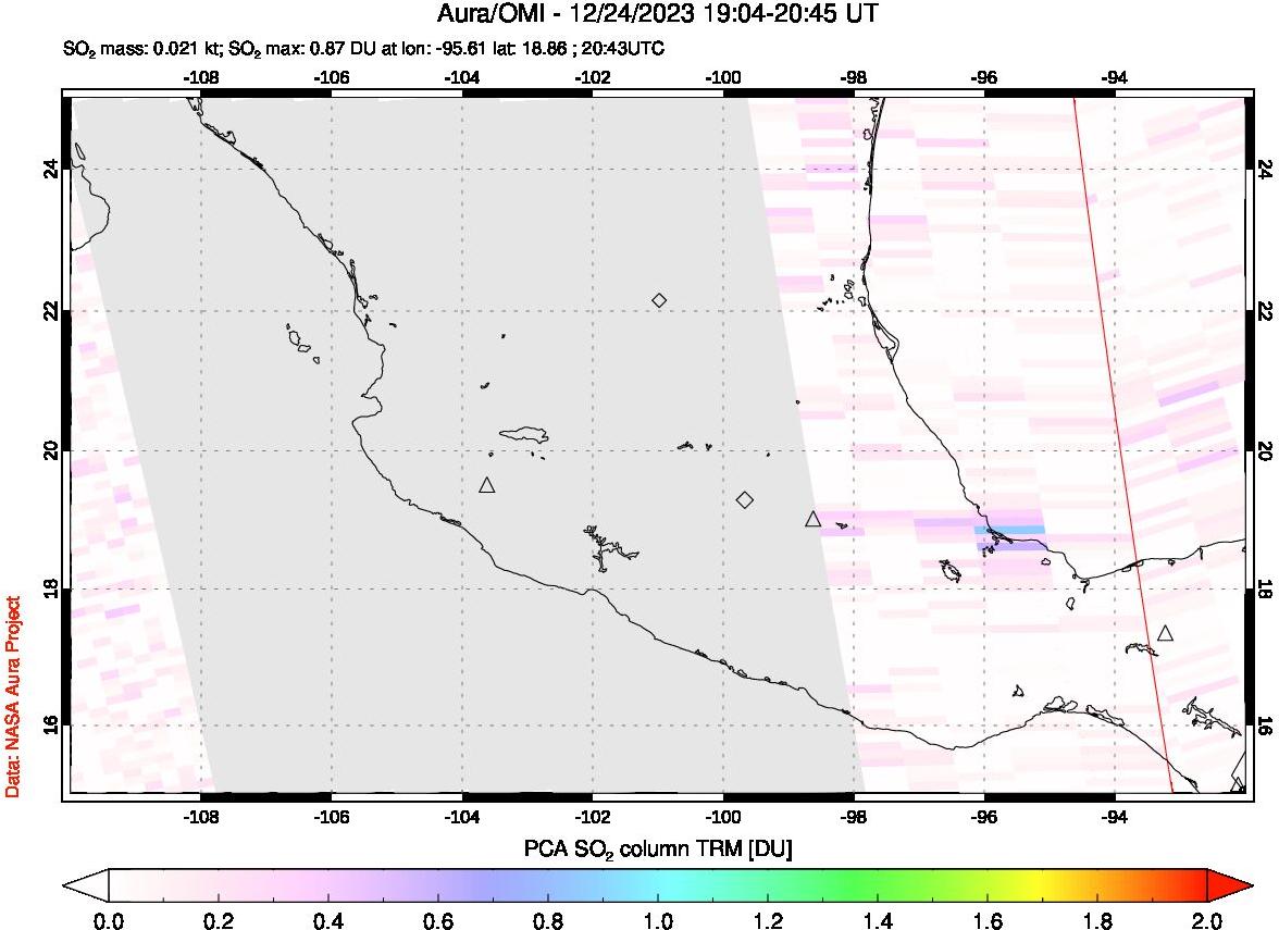 A sulfur dioxide image over Mexico on Dec 24, 2023.