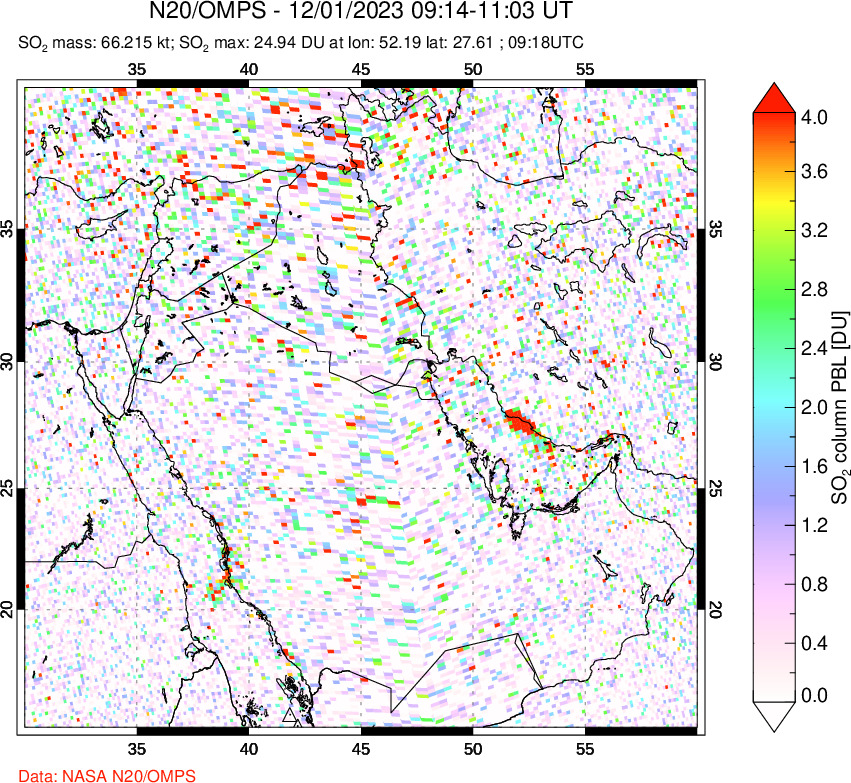 A sulfur dioxide image over Middle East on Dec 01, 2023.