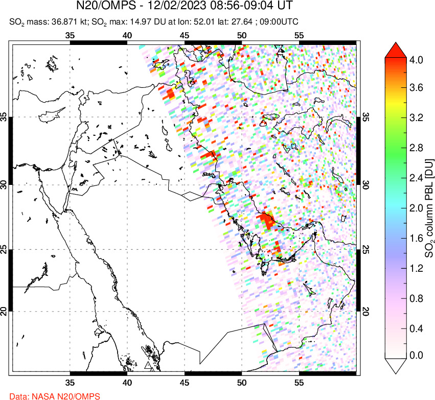 A sulfur dioxide image over Middle East on Dec 02, 2023.