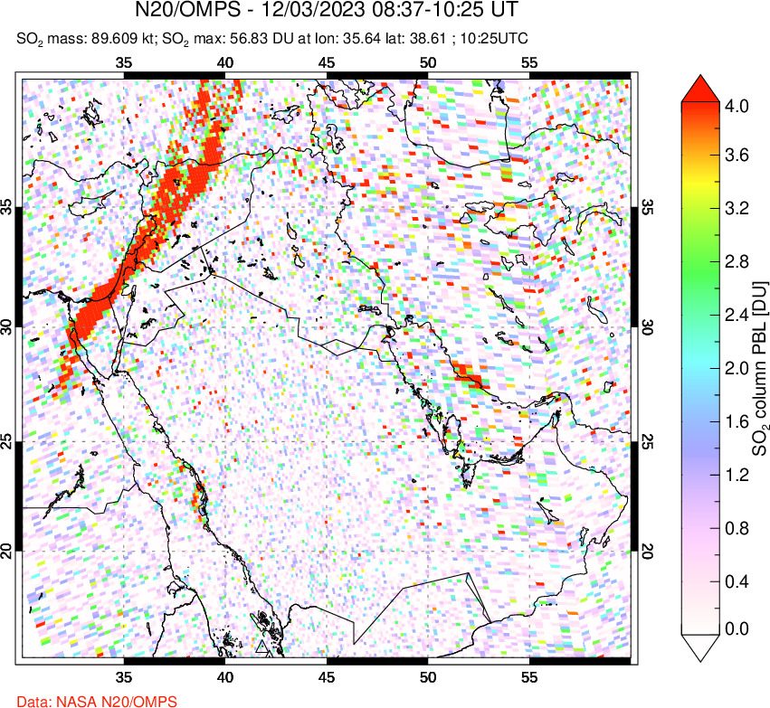 A sulfur dioxide image over Middle East on Dec 03, 2023.