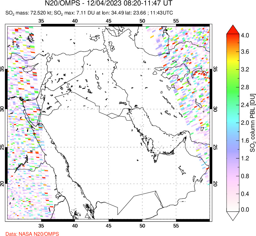 A sulfur dioxide image over Middle East on Dec 04, 2023.