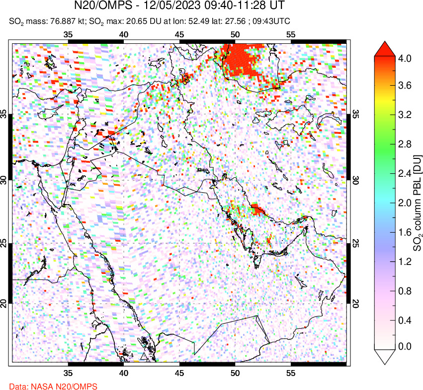 A sulfur dioxide image over Middle East on Dec 05, 2023.