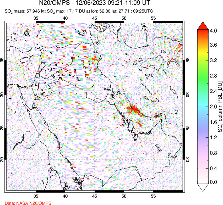 A sulfur dioxide image over Middle East on Dec 06, 2023.