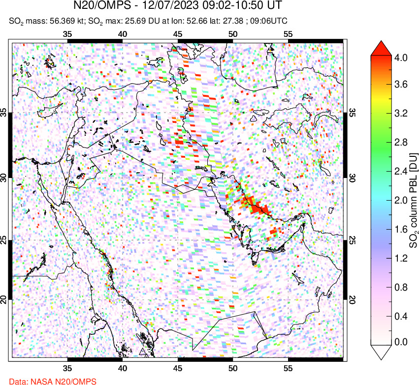 A sulfur dioxide image over Middle East on Dec 07, 2023.