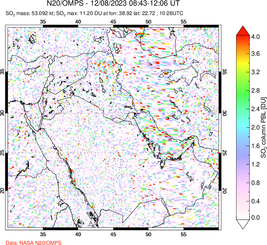 A sulfur dioxide image over Middle East on Dec 08, 2023.