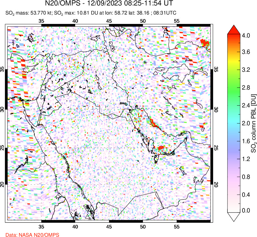 A sulfur dioxide image over Middle East on Dec 09, 2023.