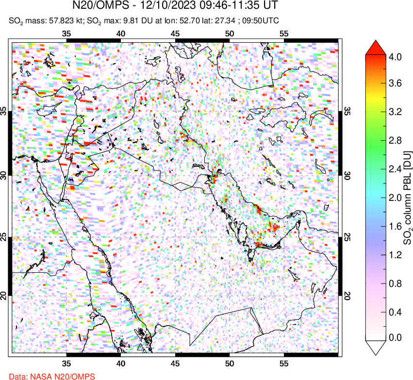 A sulfur dioxide image over Middle East on Dec 10, 2023.