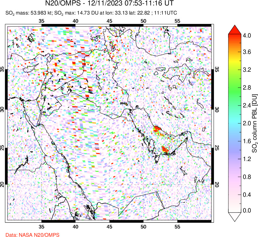 A sulfur dioxide image over Middle East on Dec 11, 2023.