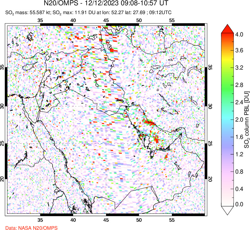 A sulfur dioxide image over Middle East on Dec 12, 2023.