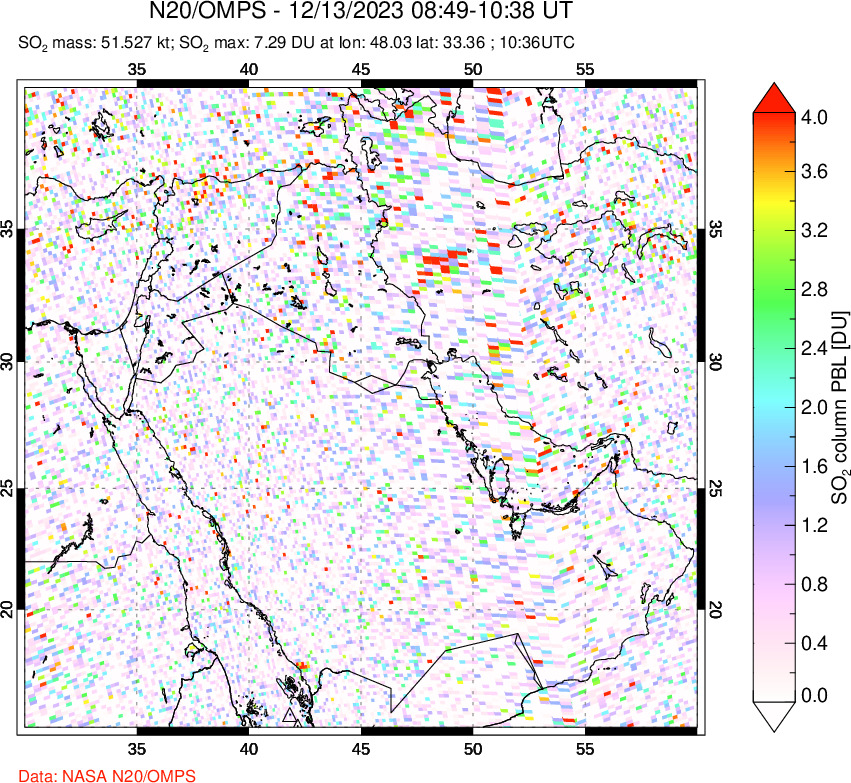 A sulfur dioxide image over Middle East on Dec 13, 2023.