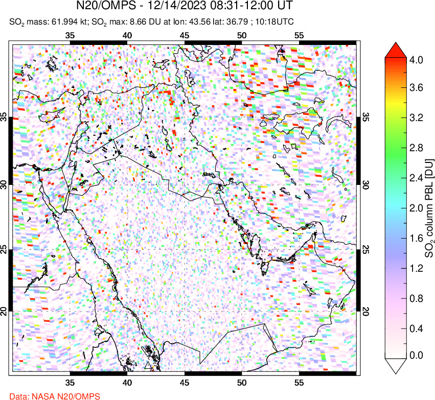 A sulfur dioxide image over Middle East on Dec 14, 2023.