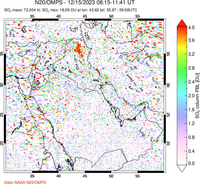 A sulfur dioxide image over Middle East on Dec 15, 2023.