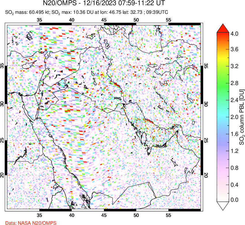 A sulfur dioxide image over Middle East on Dec 16, 2023.