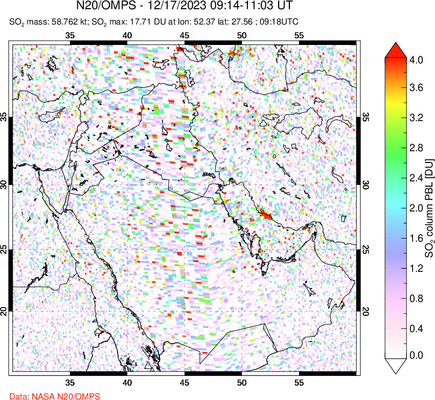 A sulfur dioxide image over Middle East on Dec 17, 2023.