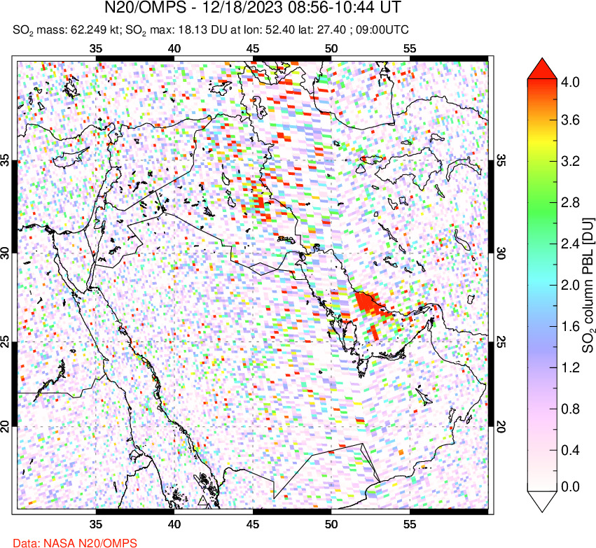 A sulfur dioxide image over Middle East on Dec 18, 2023.