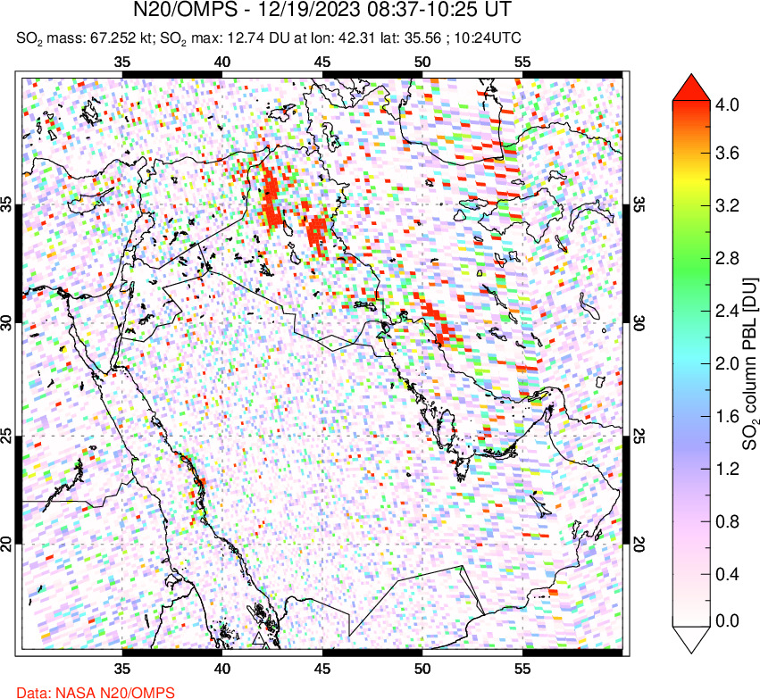 A sulfur dioxide image over Middle East on Dec 19, 2023.