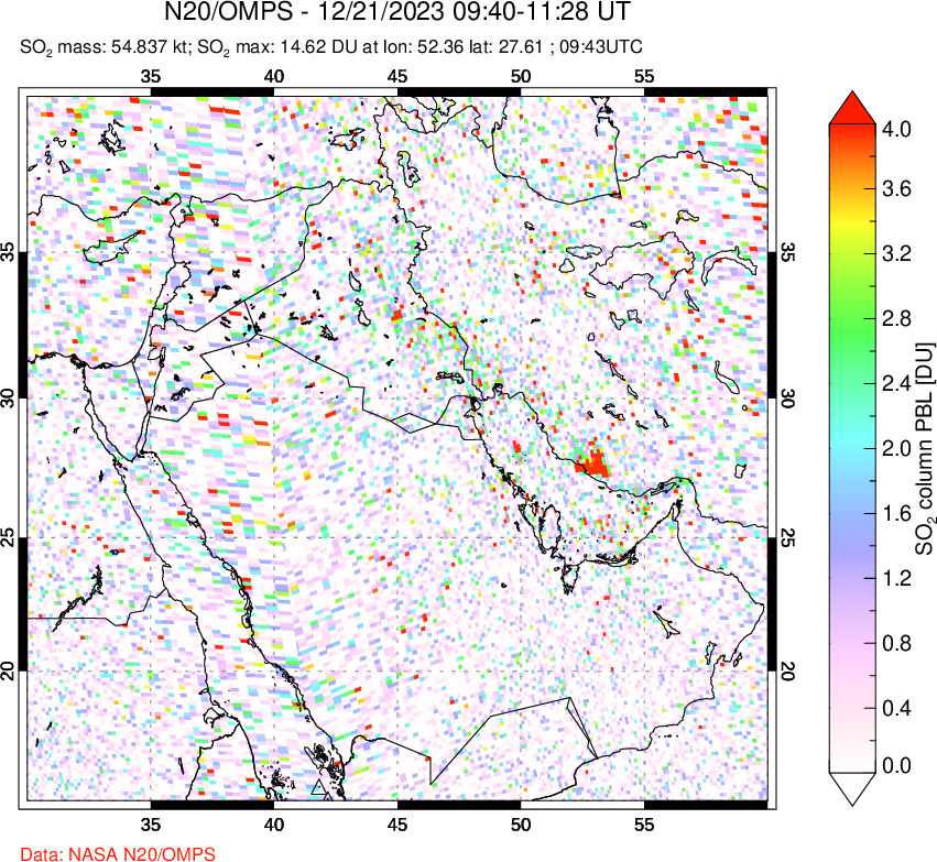 A sulfur dioxide image over Middle East on Dec 21, 2023.