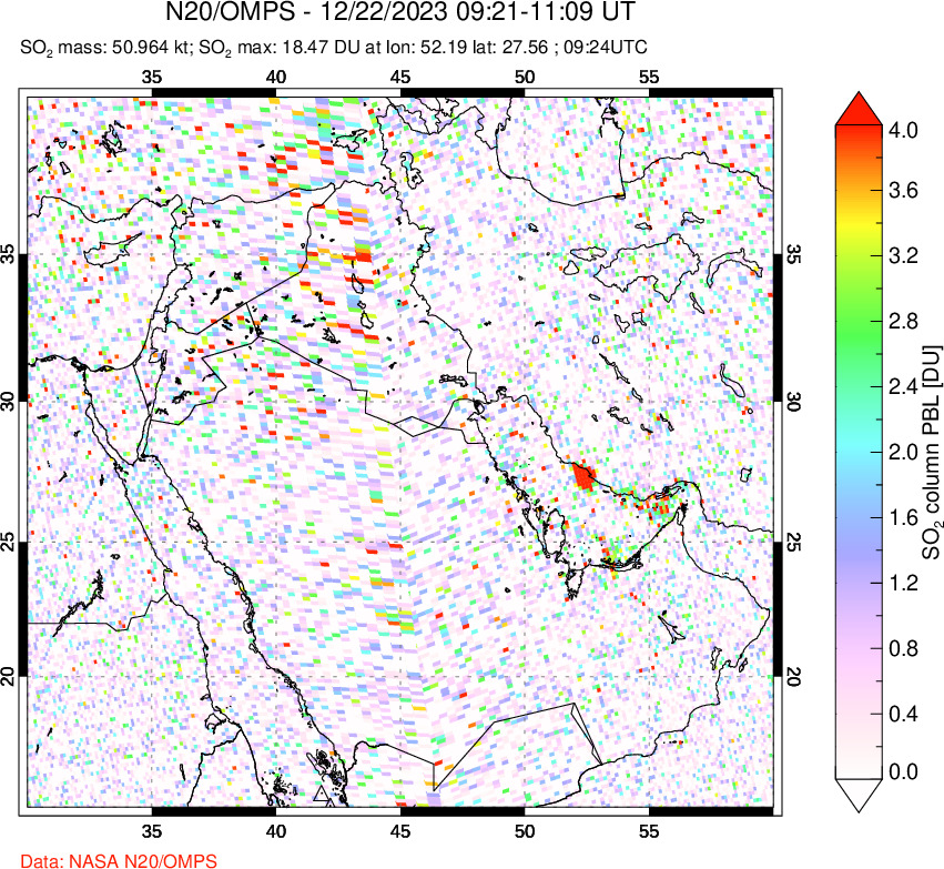 A sulfur dioxide image over Middle East on Dec 22, 2023.