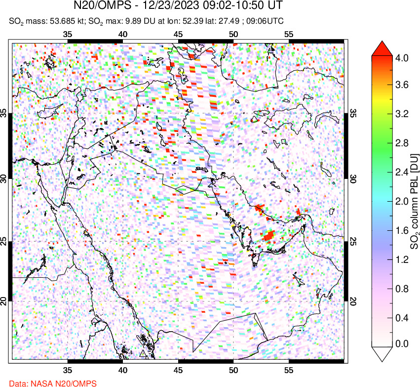 A sulfur dioxide image over Middle East on Dec 23, 2023.