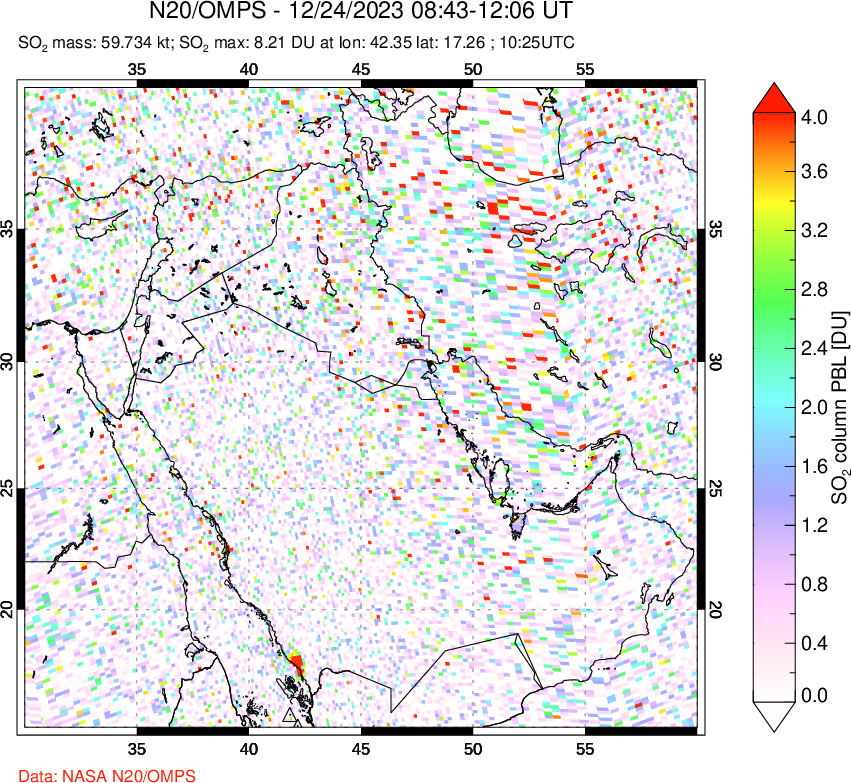 A sulfur dioxide image over Middle East on Dec 24, 2023.