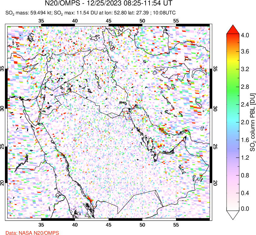 A sulfur dioxide image over Middle East on Dec 25, 2023.