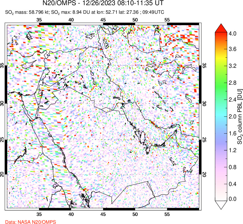 A sulfur dioxide image over Middle East on Dec 26, 2023.