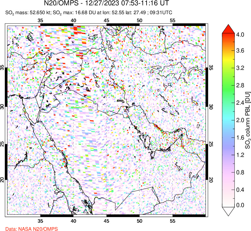 A sulfur dioxide image over Middle East on Dec 27, 2023.