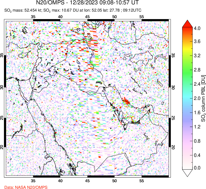 A sulfur dioxide image over Middle East on Dec 28, 2023.