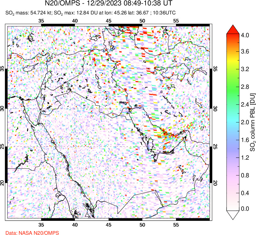 A sulfur dioxide image over Middle East on Dec 29, 2023.