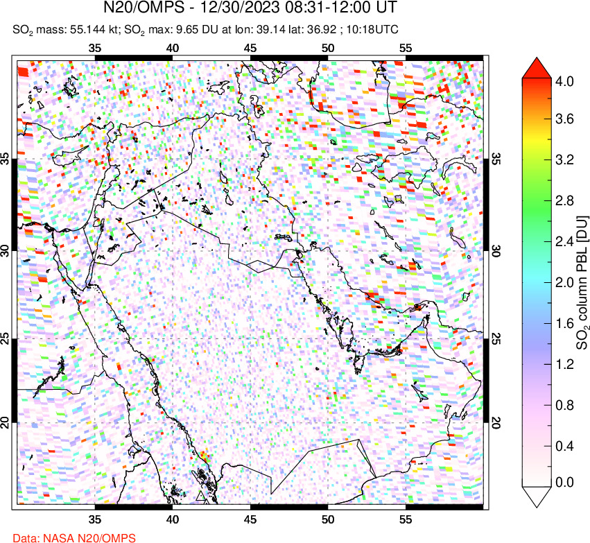 A sulfur dioxide image over Middle East on Dec 30, 2023.