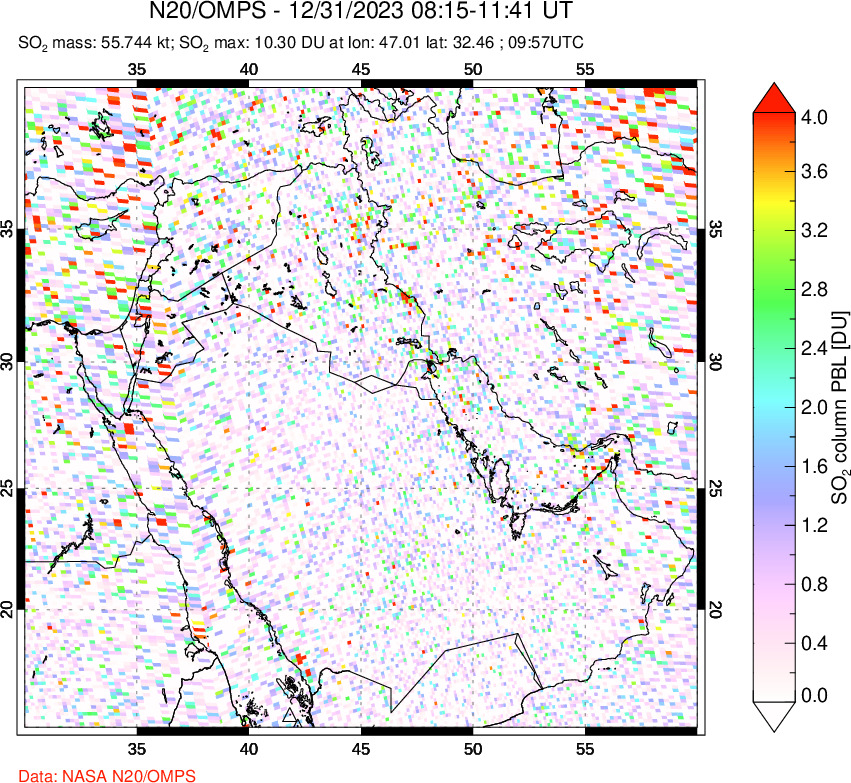 A sulfur dioxide image over Middle East on Dec 31, 2023.