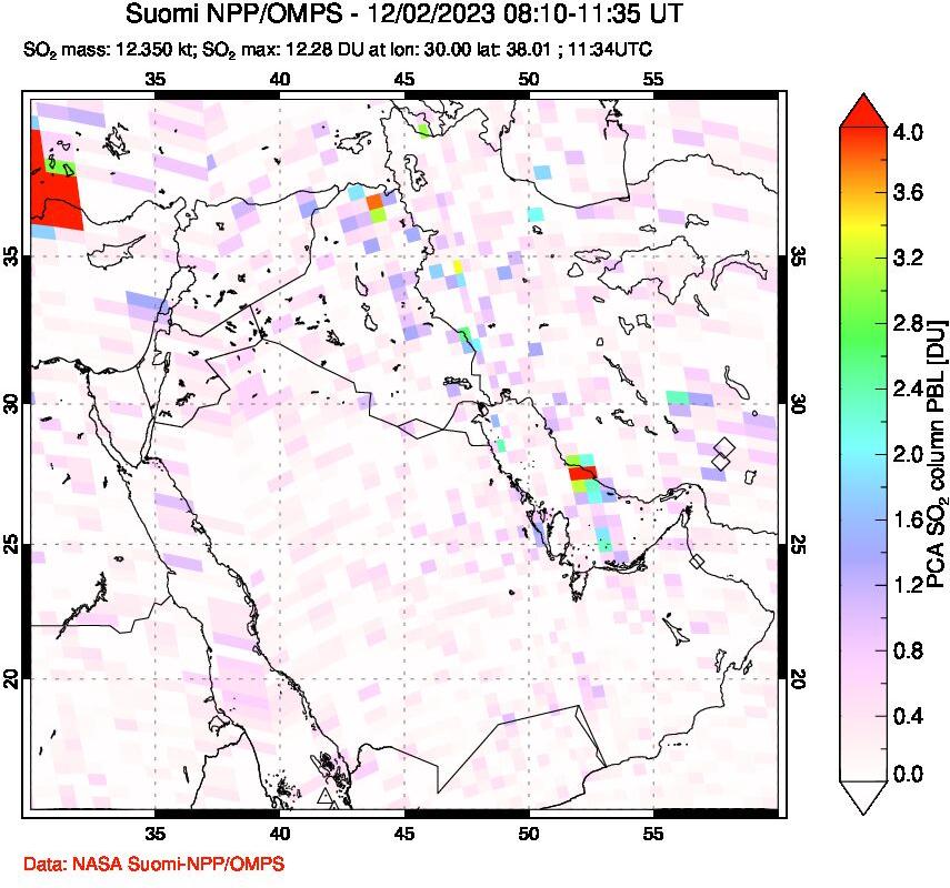 A sulfur dioxide image over Middle East on Dec 02, 2023.