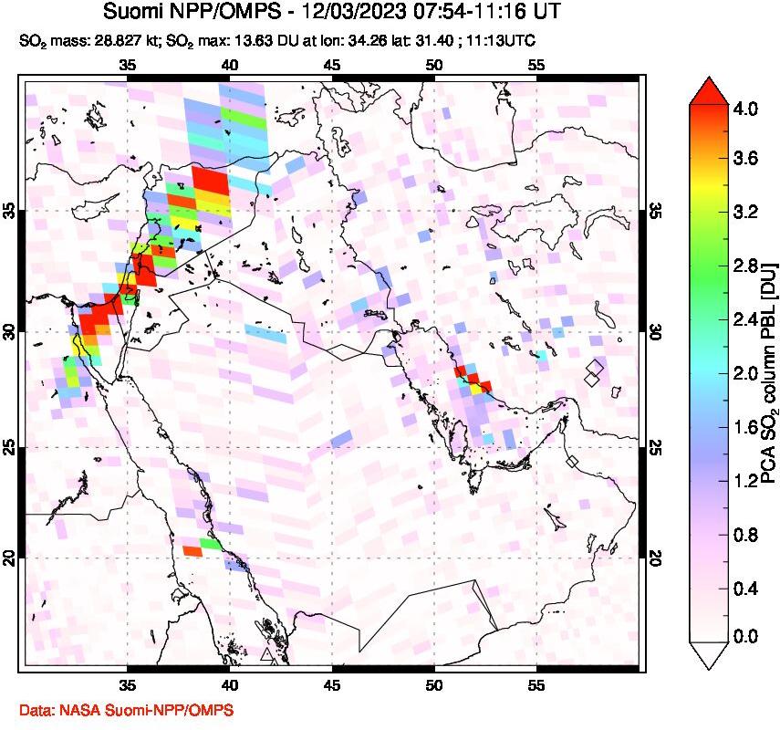 A sulfur dioxide image over Middle East on Dec 03, 2023.