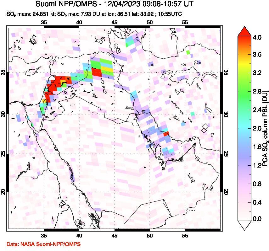 A sulfur dioxide image over Middle East on Dec 04, 2023.