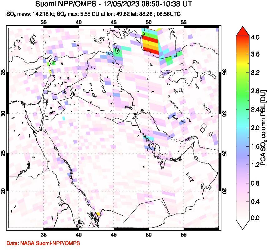 A sulfur dioxide image over Middle East on Dec 05, 2023.