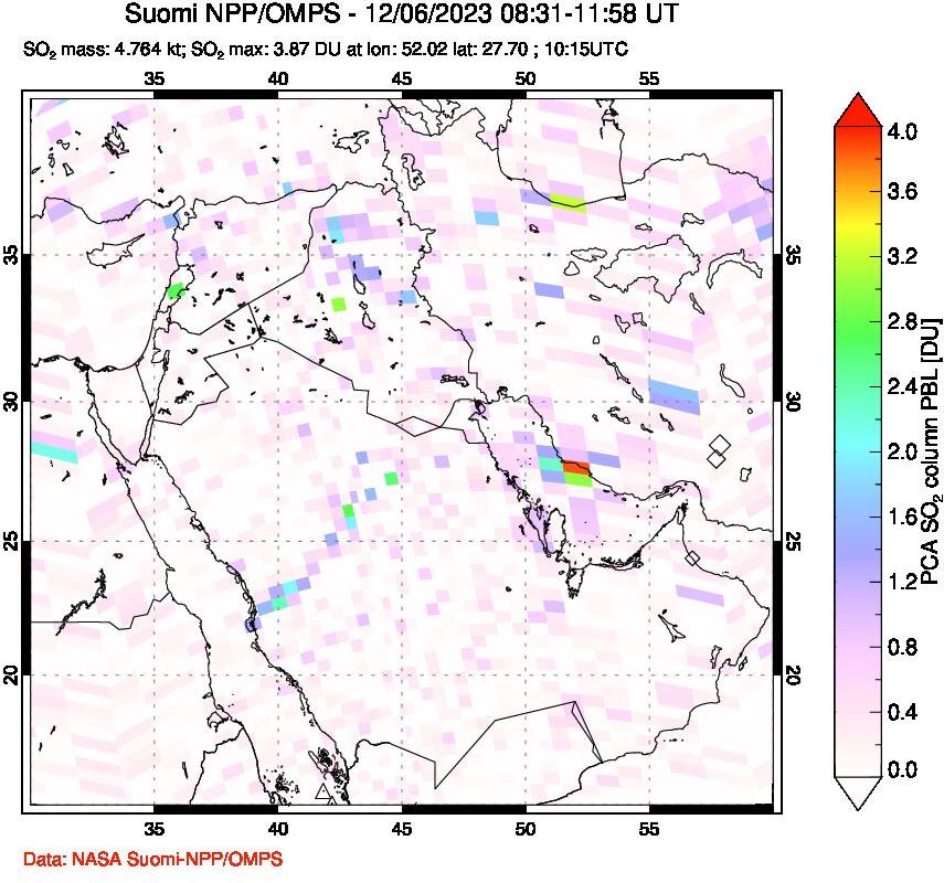 A sulfur dioxide image over Middle East on Dec 06, 2023.