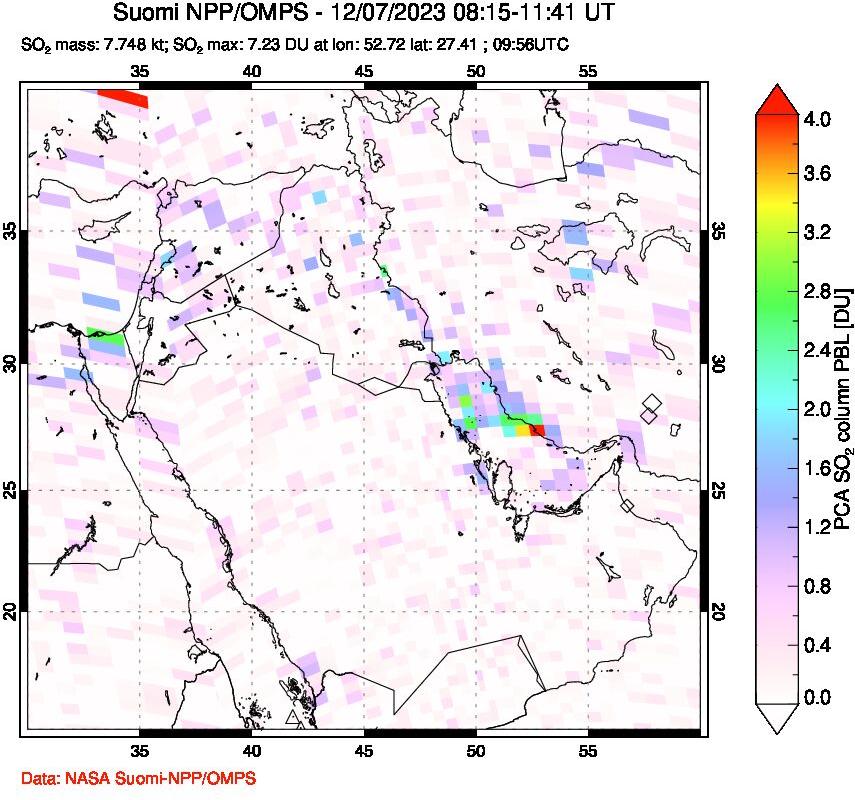 A sulfur dioxide image over Middle East on Dec 07, 2023.