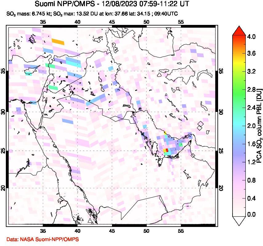 A sulfur dioxide image over Middle East on Dec 08, 2023.