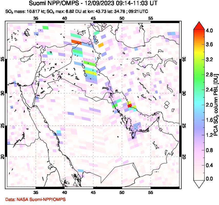 A sulfur dioxide image over Middle East on Dec 09, 2023.