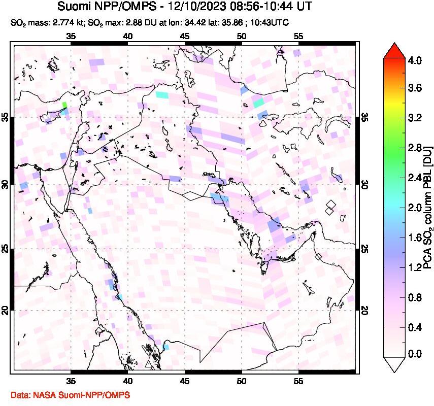 A sulfur dioxide image over Middle East on Dec 10, 2023.