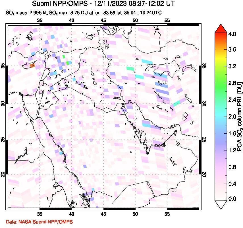 A sulfur dioxide image over Middle East on Dec 11, 2023.