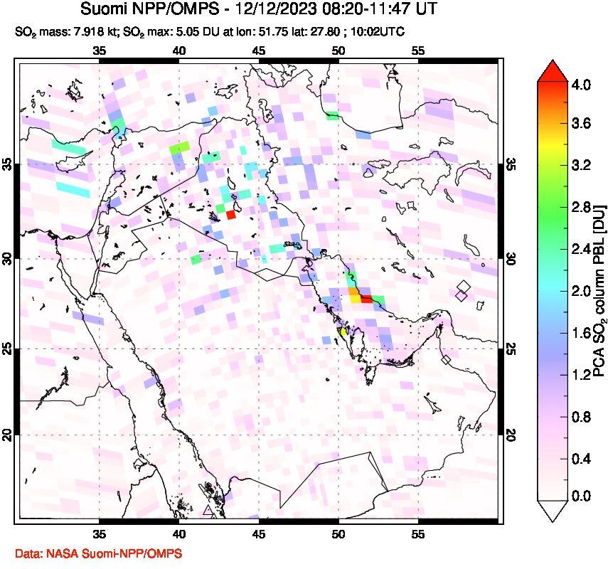 A sulfur dioxide image over Middle East on Dec 12, 2023.