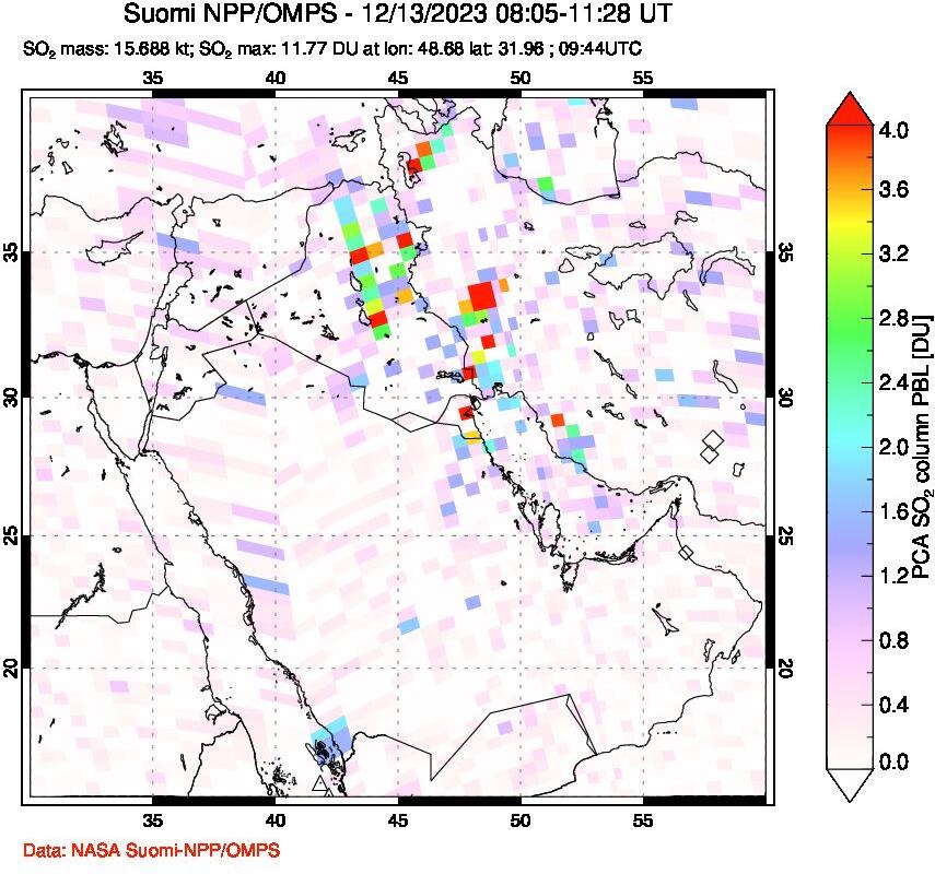 A sulfur dioxide image over Middle East on Dec 13, 2023.