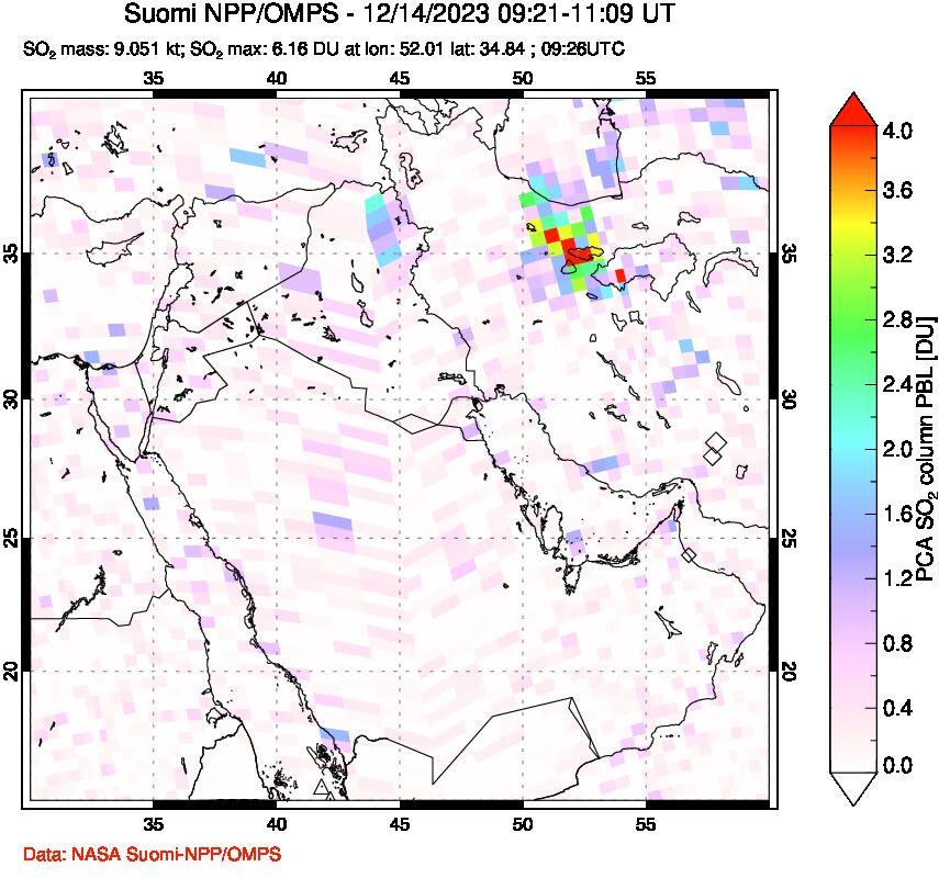 A sulfur dioxide image over Middle East on Dec 14, 2023.