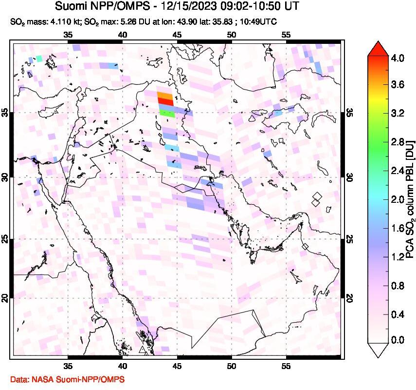 A sulfur dioxide image over Middle East on Dec 15, 2023.