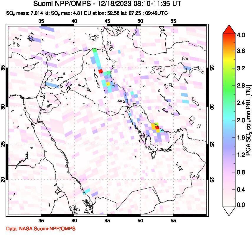 A sulfur dioxide image over Middle East on Dec 18, 2023.