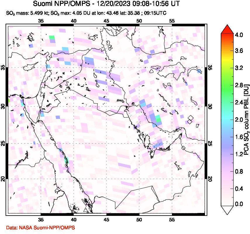 A sulfur dioxide image over Middle East on Dec 20, 2023.