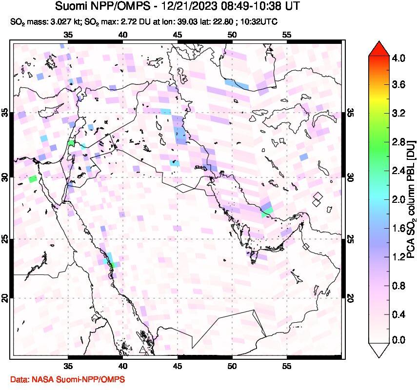 A sulfur dioxide image over Middle East on Dec 21, 2023.